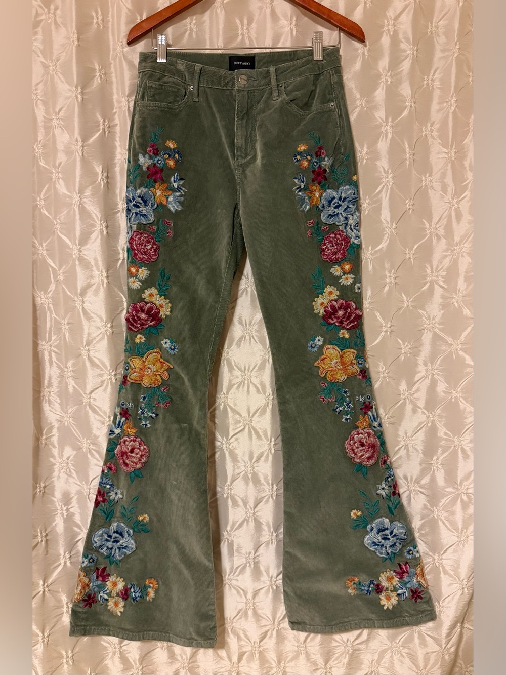 DRIFTWOOD x Free People Farrah Embroidered Corduroy Flare Pants Green Wide Leg - Picture 4 of 16